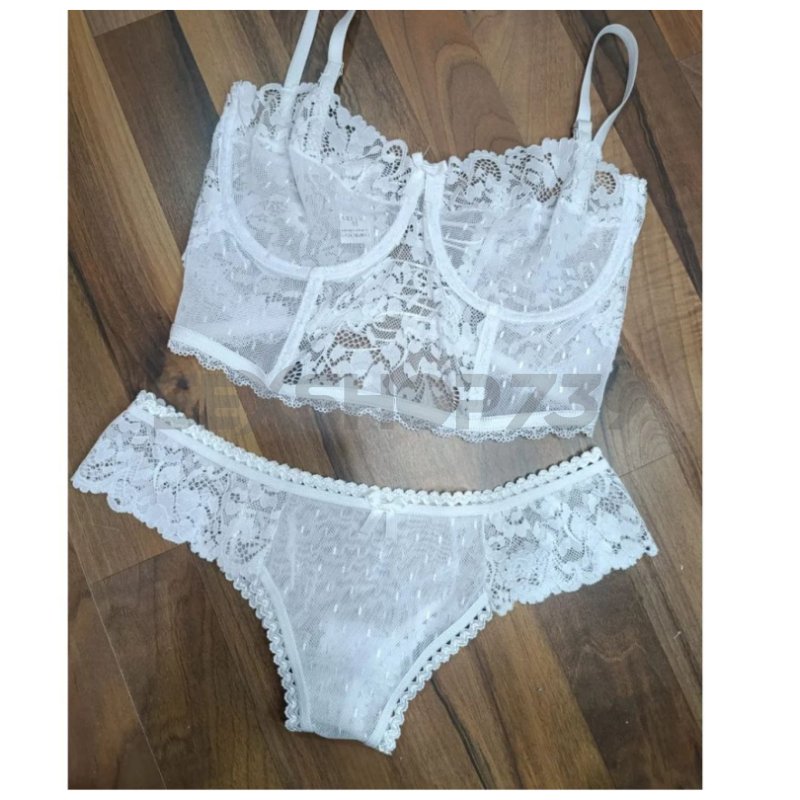 CONJUNTO DE ENCAJE - CORSETE Y LESS - BLANCO